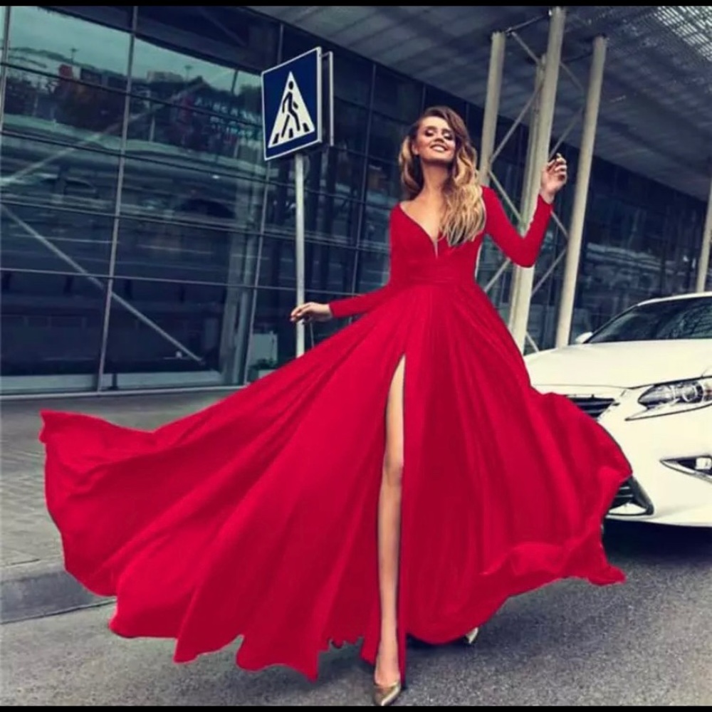 Women long Sleeve Prom Dresses V neck